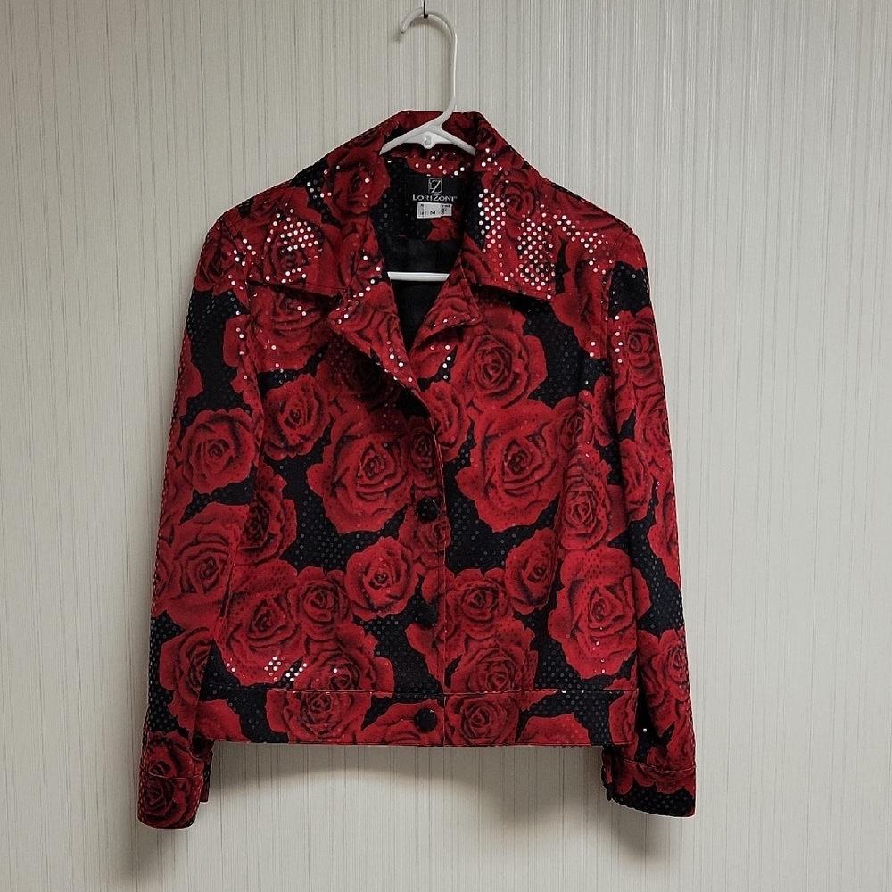 LoriZoni Red Rose Print Women's Silk & Sequin Jacket, Sz Med. coastal grandma